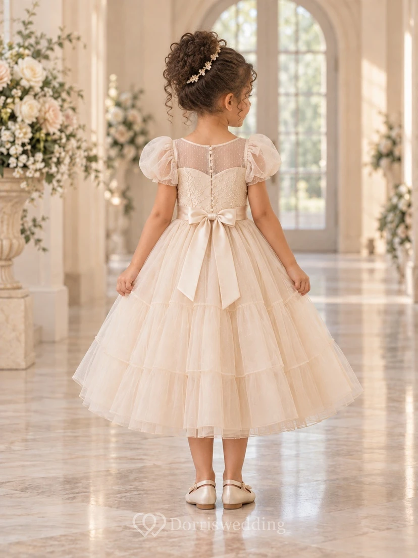 Teelanges champagnerfarbenes A-Linien-Kleid aus Spitze und Tüll mit Puffärmeln und Illusion-Stufen view 2