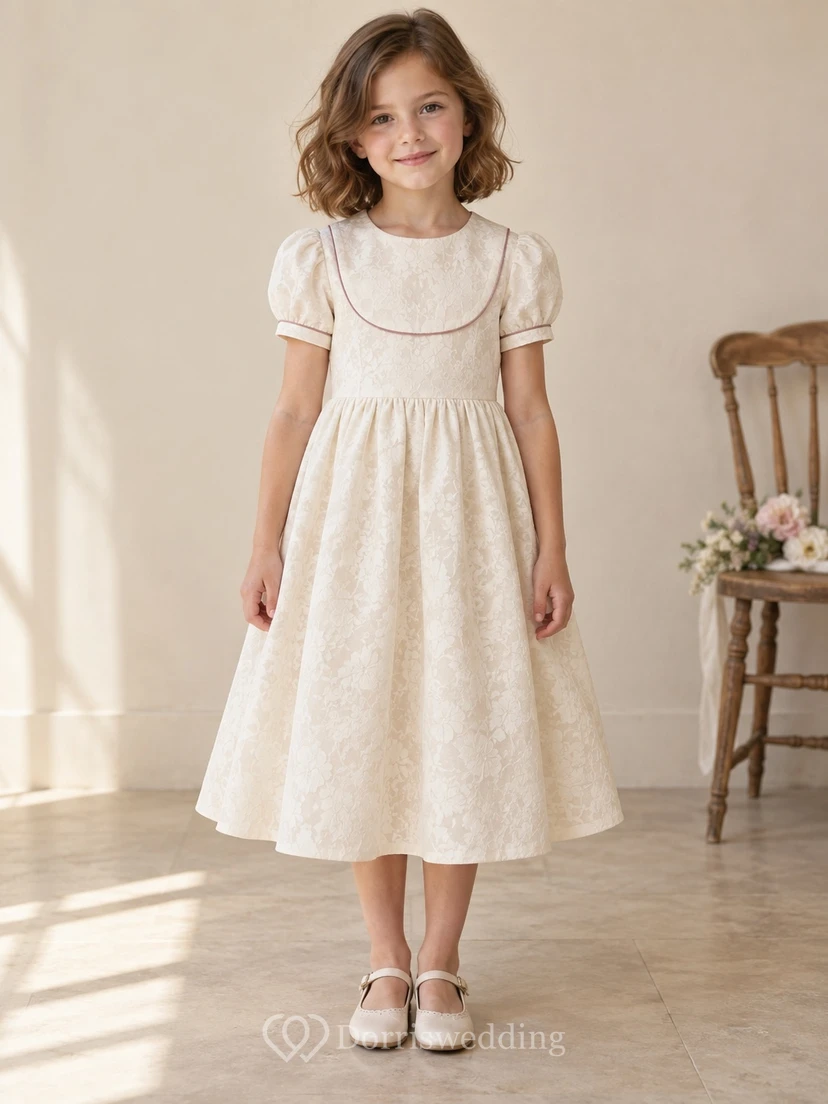 Schlichtes, cremefarbenes Vintage-Kleid in Teelänge mit tiefem Paspeleinsatz, kurzen Puffärmeln, Bündchen und floralem Jacquardmuster.