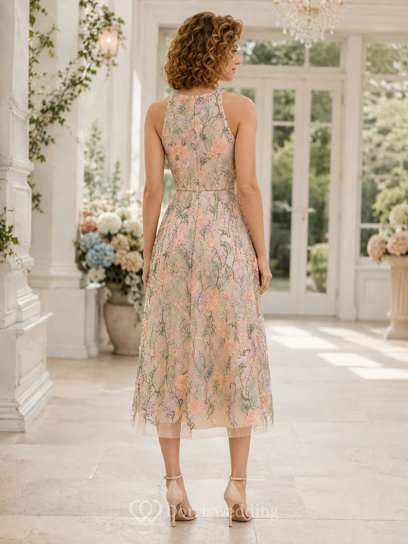 Pastel Floral Embroidered Organza Jewel Neck Pleated Tea-length Garden Guest Dress view 2