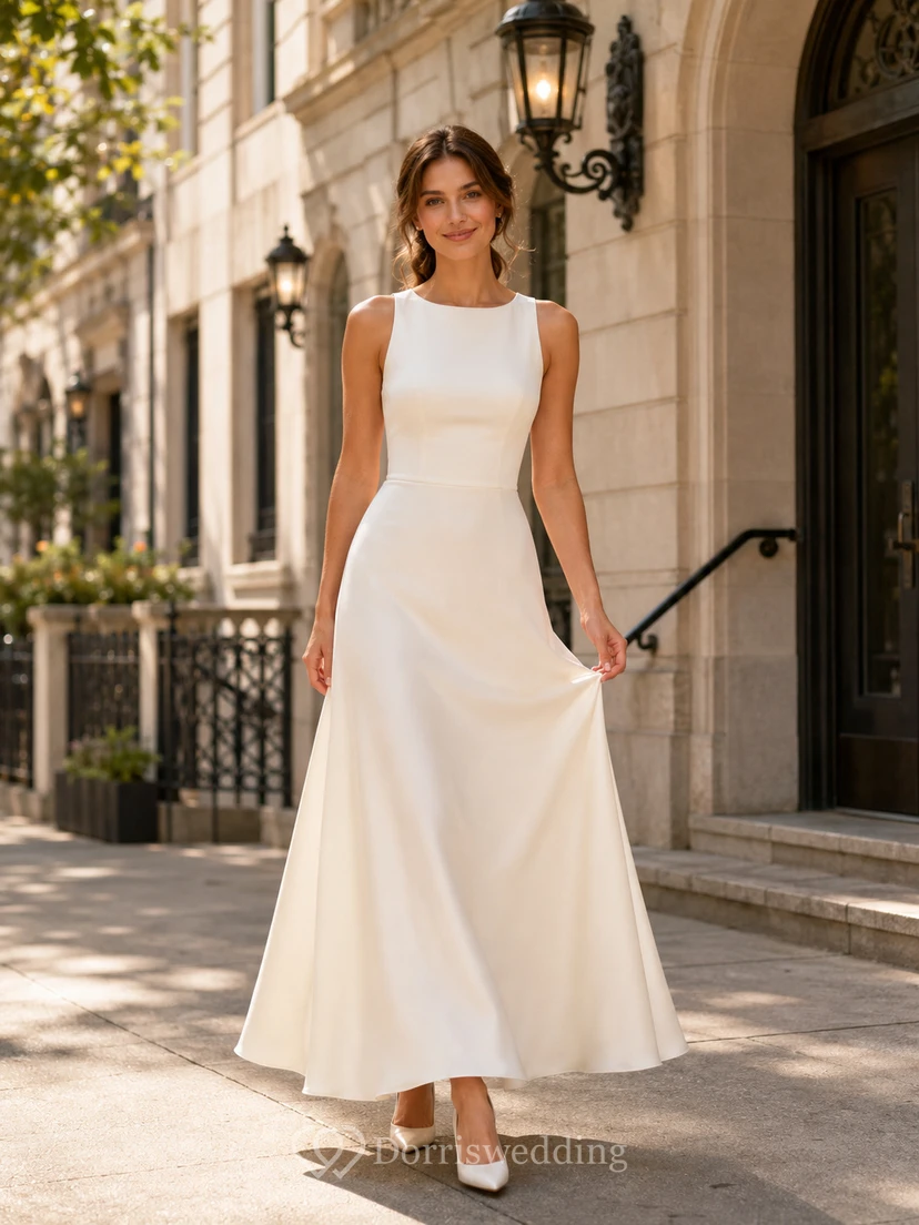 Simple Jewel Neck Satin Wedding A Line Sleeveless Ankle Length Courthouse