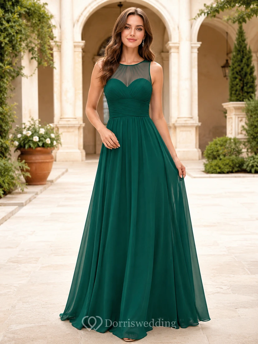 Dark Green Illusion Back Chiffon A-Line Gown