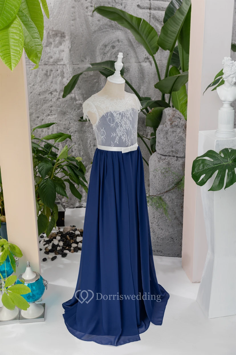 Lace Scoop-neck Cap Two-Tone Dark Blue Flowergirl Dress view 7
