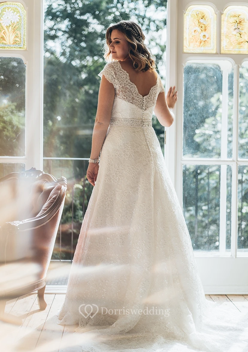 A-Line Floor-Length V-Neck Short Sleeve Lace Sweep Train Low-V Back Waist Jewellery Dress view 2