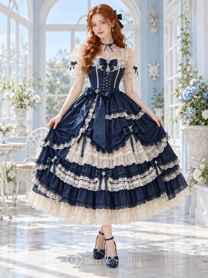 Lolita Dark Navy Cream Lace Bow Tiered Tea-Length Prom Dress