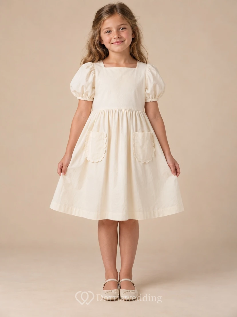 Simple Cream Square-neck Short Puff Sleeves Gathered Scalloped-pocket Button-back Flower Girl Dress
