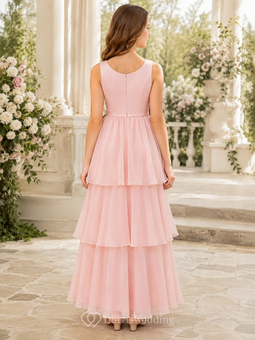 Zartrosa Brautjungfernkleid, A-Linie, ärmellos, Stufenrock view 2