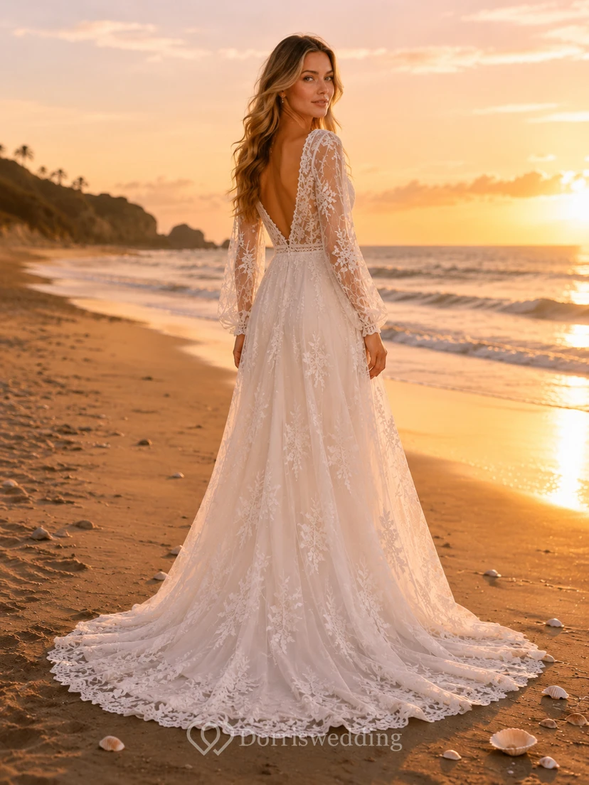 Beach Boho Long Sleeve Lace A-Line Chapel Wedding Dress view 2