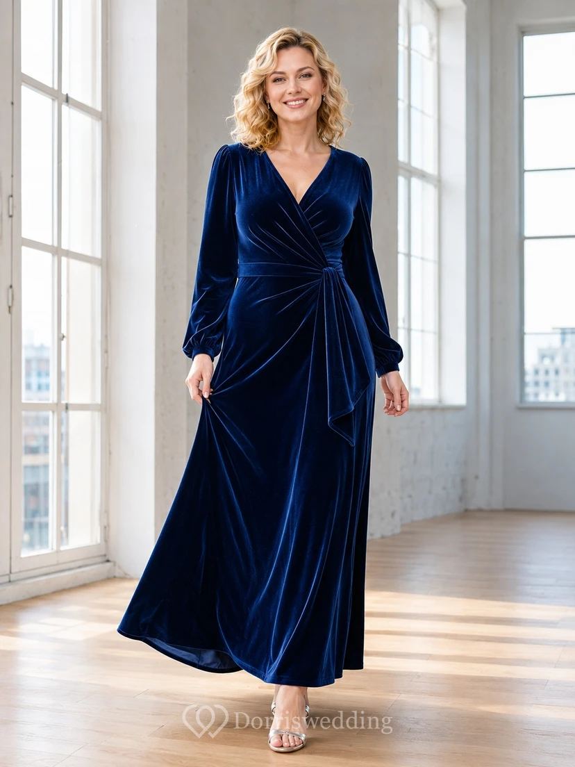 Dark Navy Velvet V-neck Long Sleeve A-Line Floor-length Luxury Elegant Formal Evening Ruched Dress