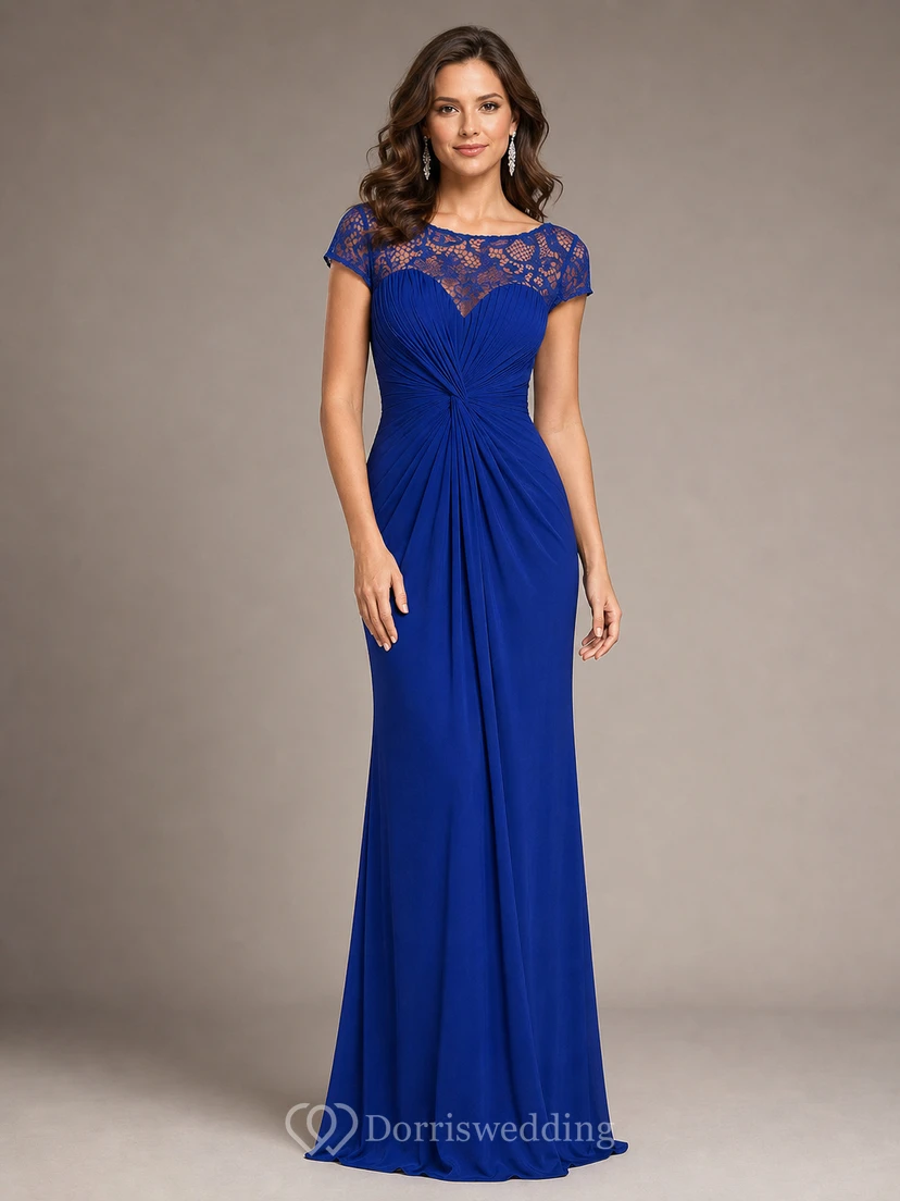 Robe longue à manches courtes froncée pour la mère de la mariée, avec encolure en dentelle illusion view 14