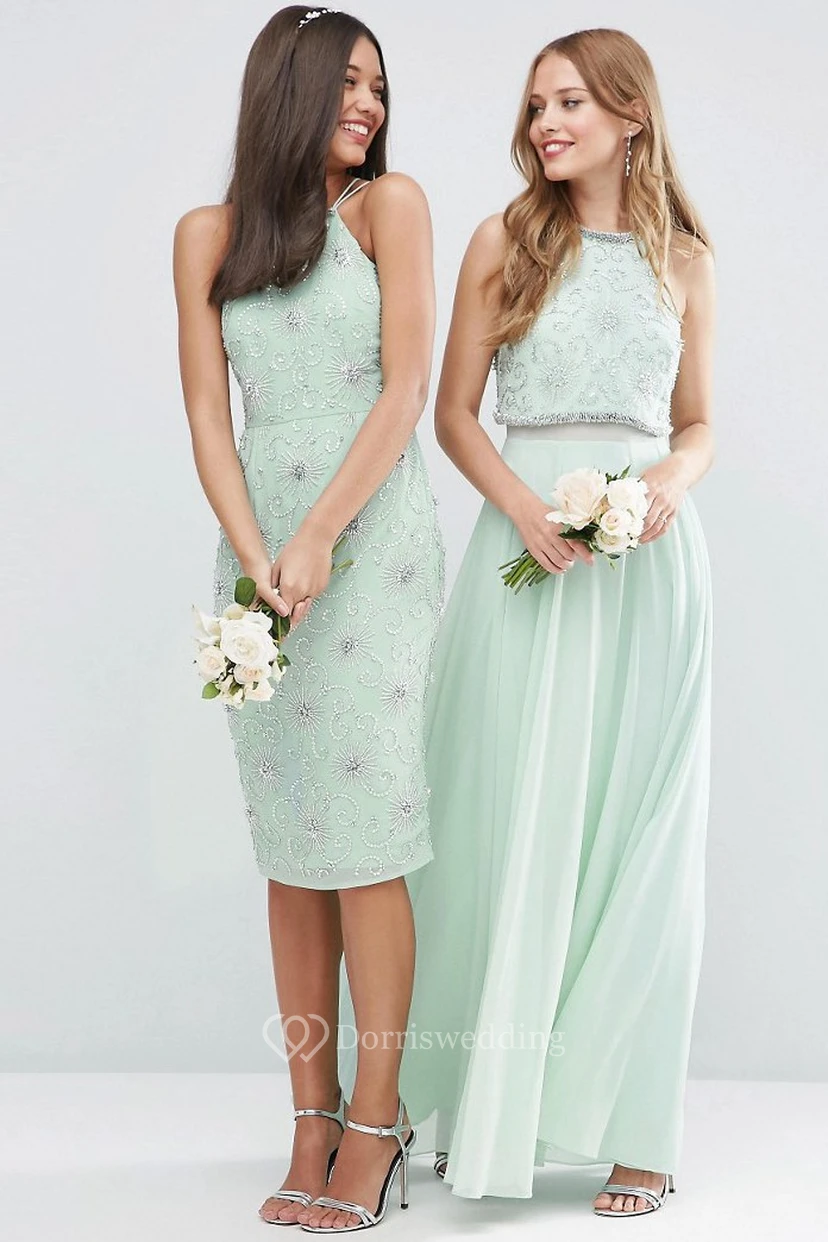 Ankle-Length Sleeveless Jewel Neck Beaded Chiffon Bridesmaid Dress With Pleats view 3