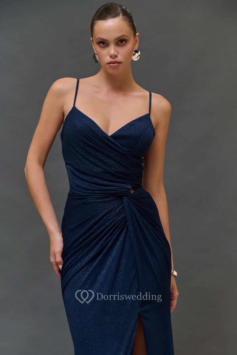 Dark Navy Spaghetti Sheath Ruched Front Split Sexy Dress view 4