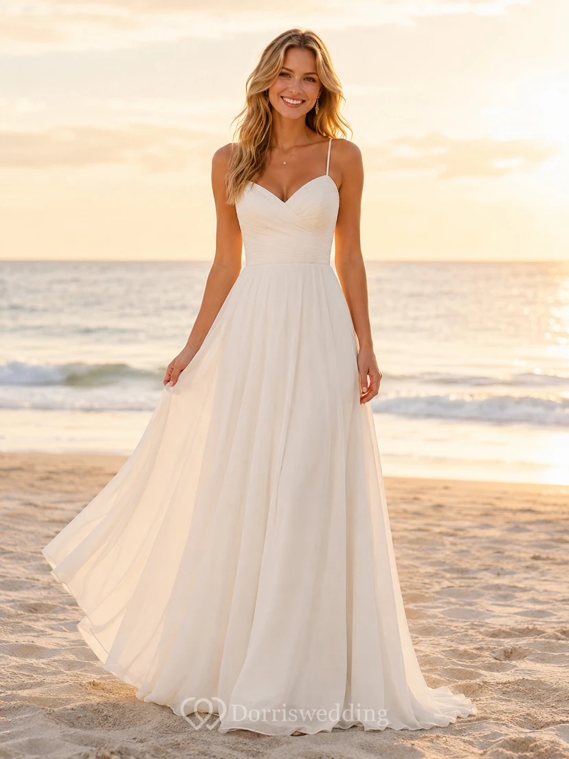 Beach Chiffon Wedding Dress A-Line Spaghetti Strap Floor Length Open Back Bridal Gown