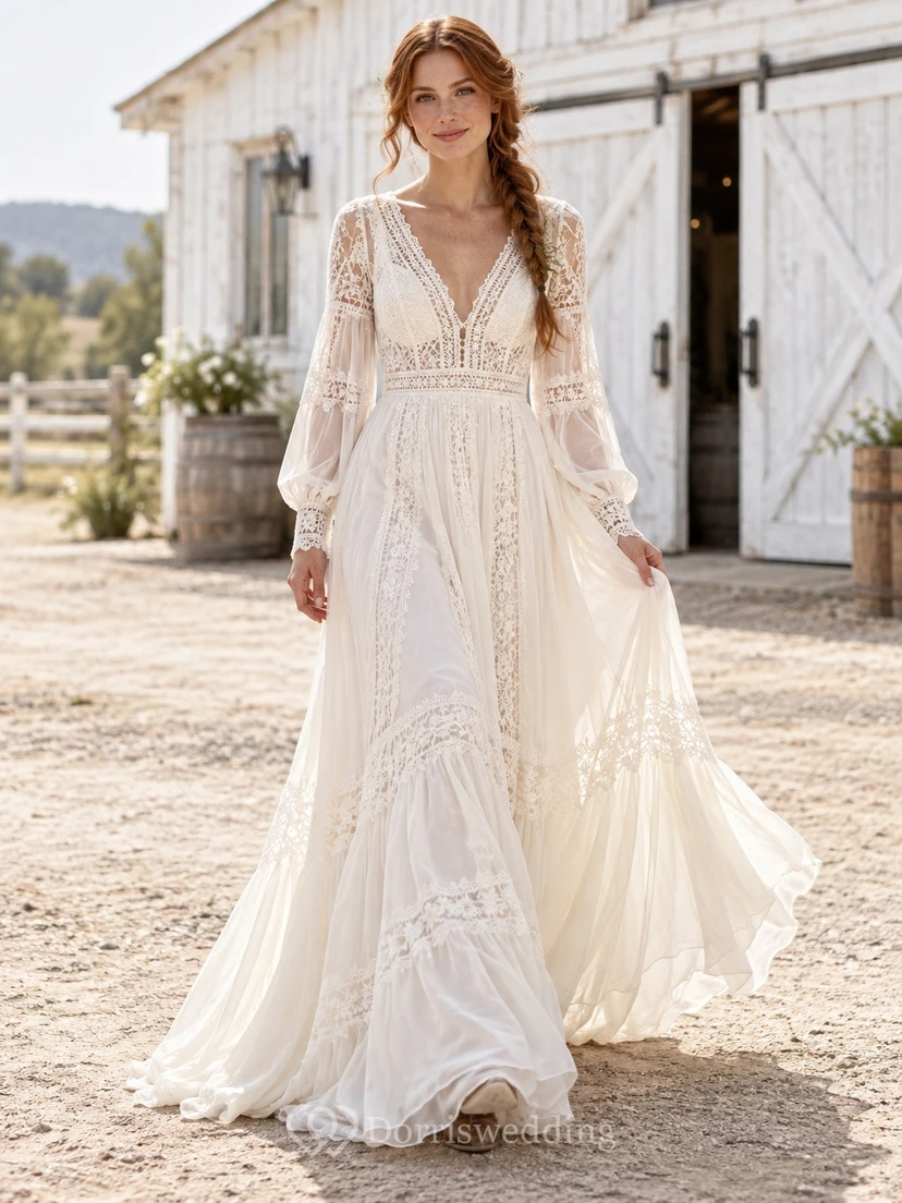 Western Long Poet Sleeve Plunge V-neck Lace Wedding Dress
