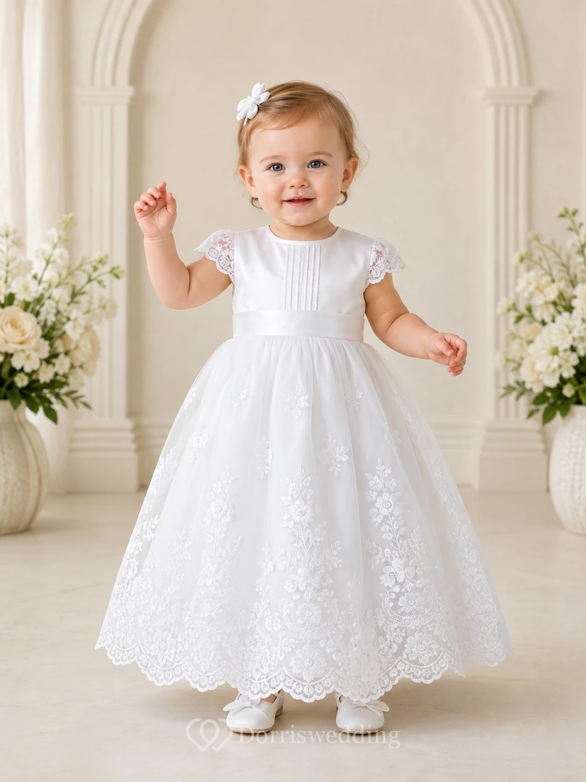 White Baby Lace Jewel Neck Cap Sleeve Bow Trimmed A-Line Ankle Christening Dress