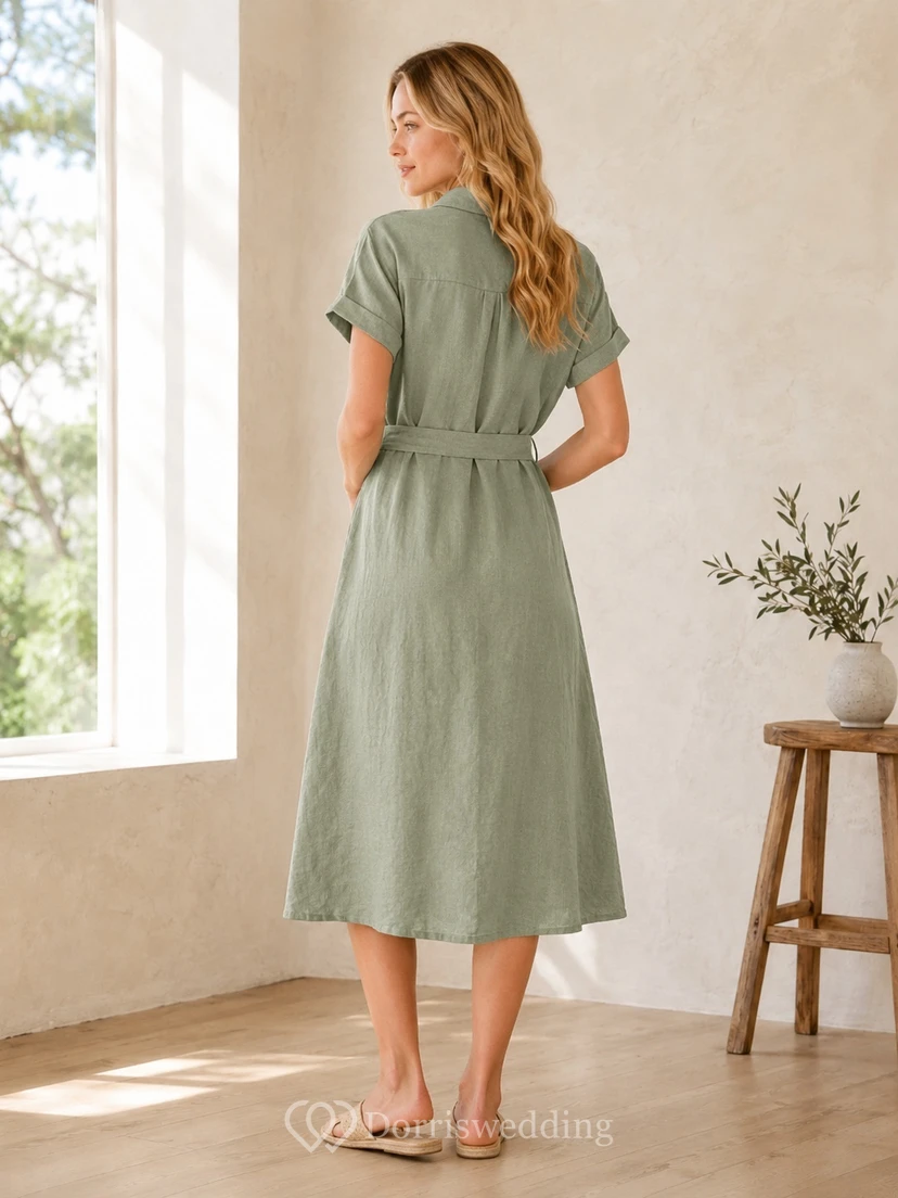 Sage Linen Notched Short Sleeve A-Line Tea-length Casual Country Summer Pockets Dress view 2