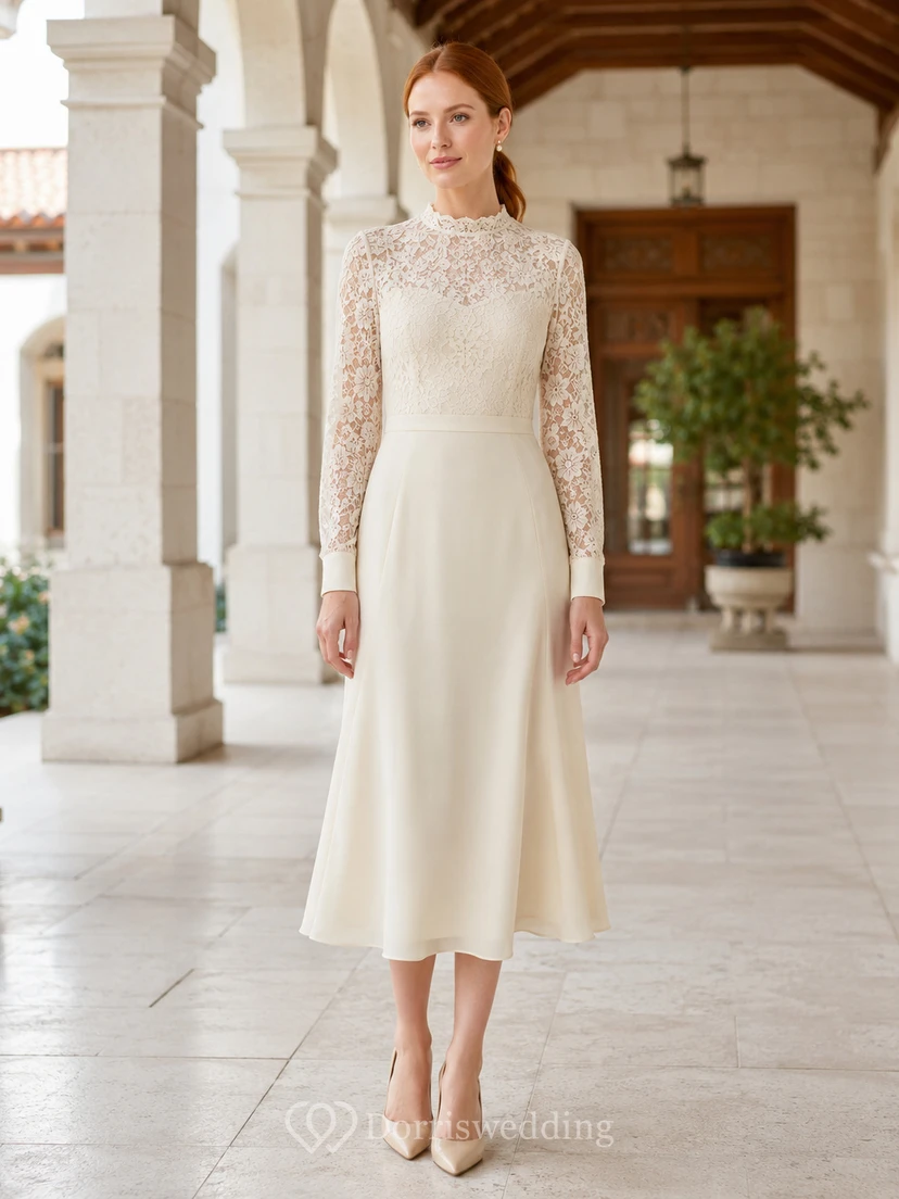 Cream Lace Sleeve High Neck Temple Ceremony Midi Dress