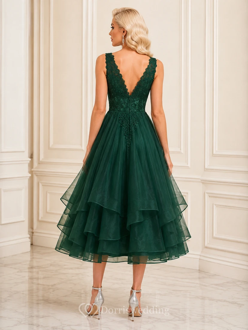 Robe de soirée vert foncé luxueuse, longueur thé, col en V, bretelles et dentelle superposée, idéale pour les 16 ans. view 2