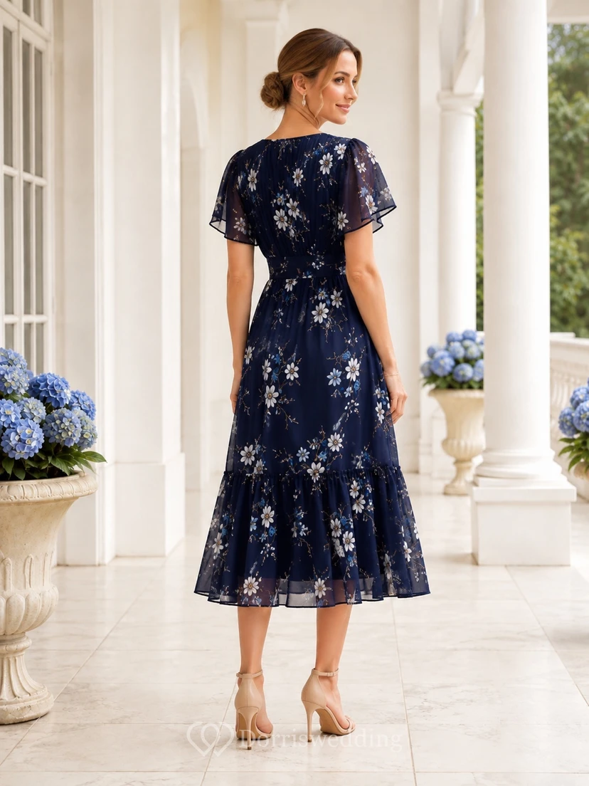 Robe d'invitée modeste bleu marine foncé, col en V, manches papillon, dentelle florale, coupe trapèze, longueur thé view 2