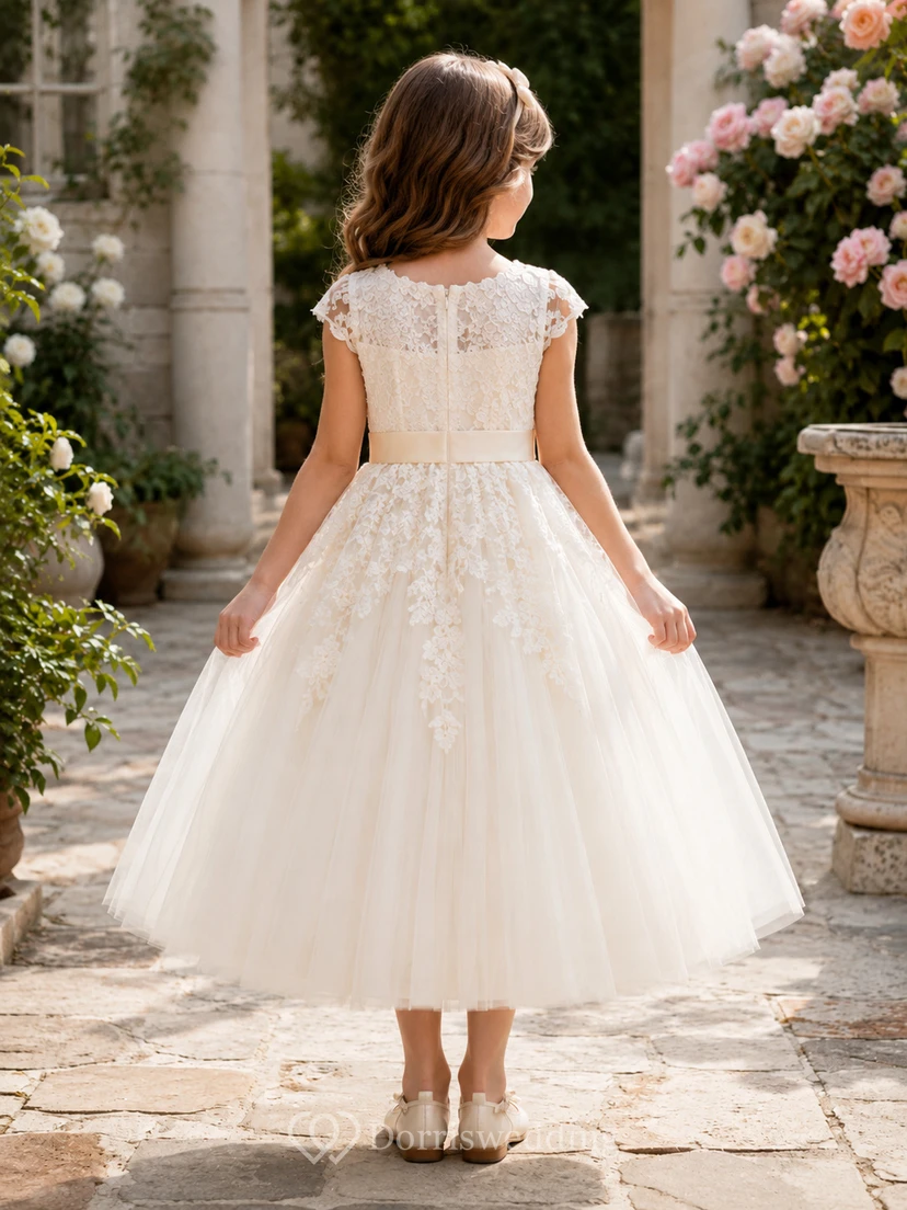Robe romantique de demoiselle d'honneur, coupe trapèze, en tulle et dentelle, col rond, manches courtes, longueur thé view 2
