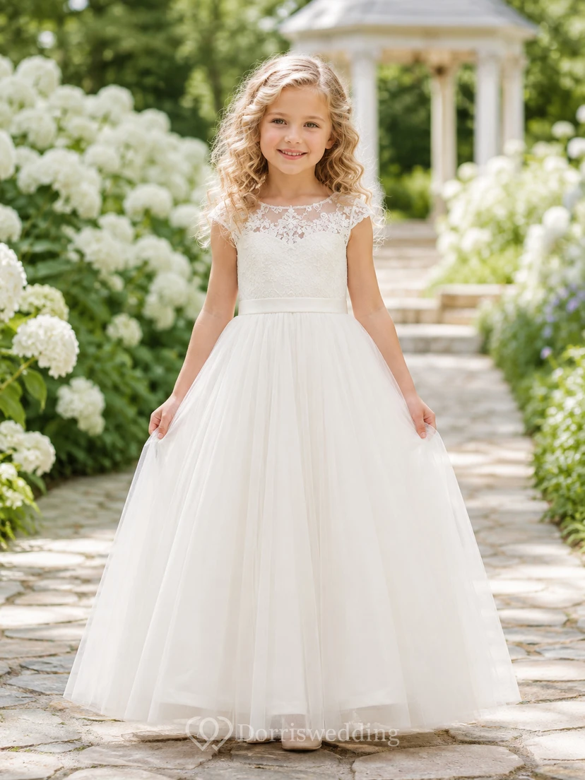 Spitzen-Cap-Ärmel-Tüll-A-Linien-Kleid für Blumenmädchen, knöchellang, Illusion-Effekt