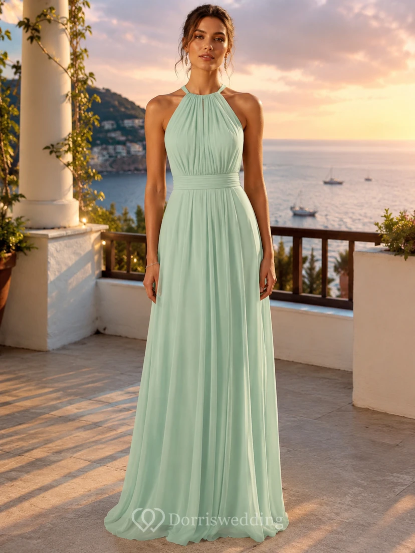 Summer Mint Green Halter Chiffon A-Line Evening Gown