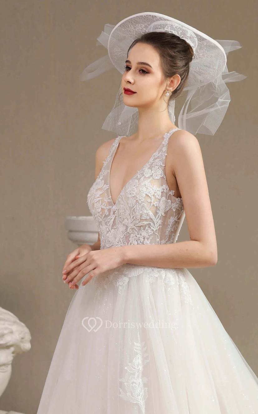Sexy Plunging V-neck Sleeveless Ballgown Elegant Wedding Dress With V-back And Lace Appliques view 5