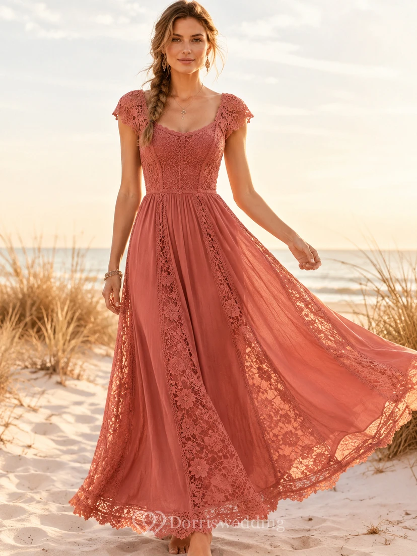 Robe de mariée de plage corail bohème à col en V, manches courtes et dentelle florale, coupe trapèze, longueur au sol