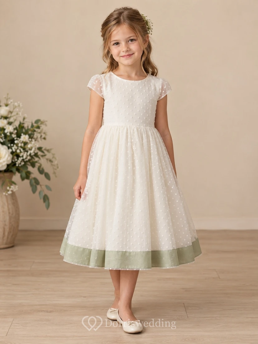 Simple Modest Tea-length Ivory Jewel Dotted Sheer-cap Tulle Sage-hem Zipper-back Flower Girl Dress