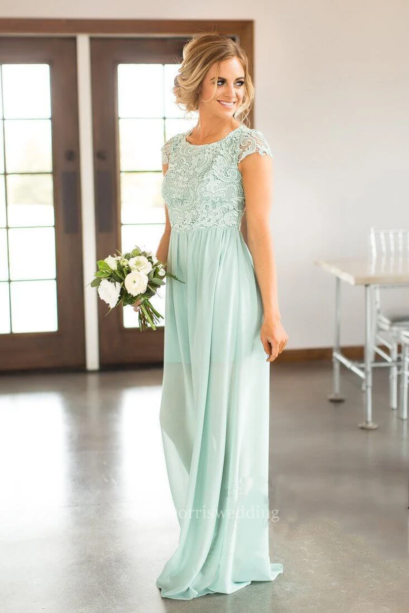 Chiffon Scoop-neck Cap-sleeve Long Bridesmaid Dress with Applique view 3