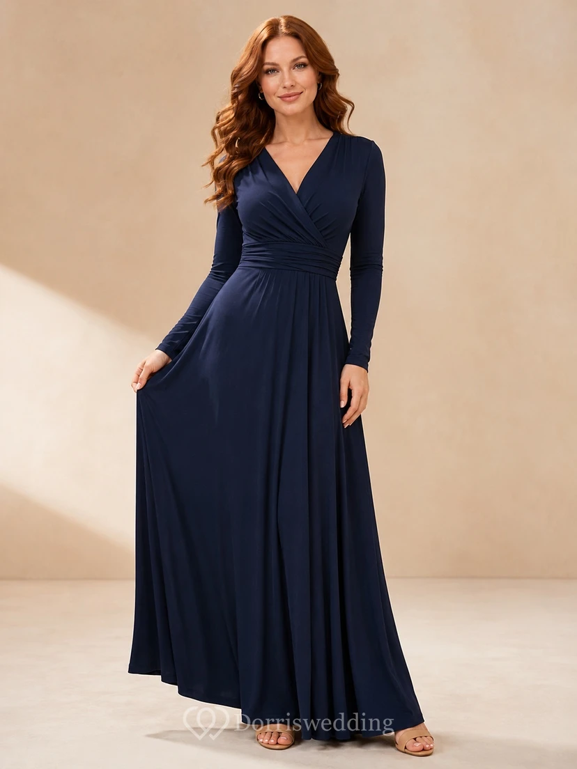 Midnight V Neck Long Sleeve Jersey A-Line Maxi Modest Evening Guest Dress