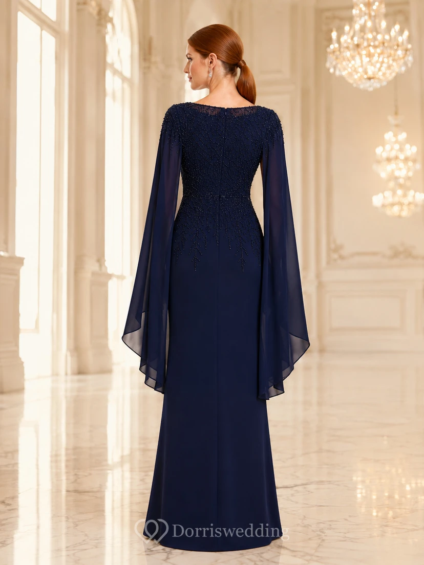 Dark Navy Bateau Cape Sleeve Formal Dress view 2
