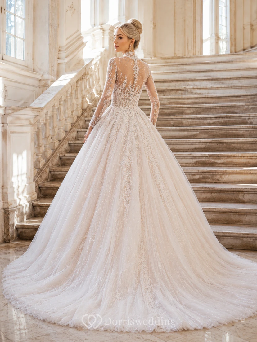 Robe de mariée de bal en dentelle perlée à manches longues et col montant, traîne chapelle illusion view 2