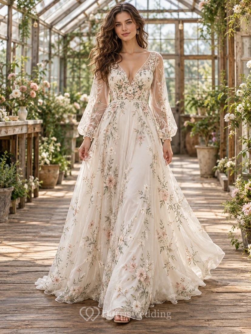Boho Floral V-neck Long Poet Sleeve Tulle Wedding Dress