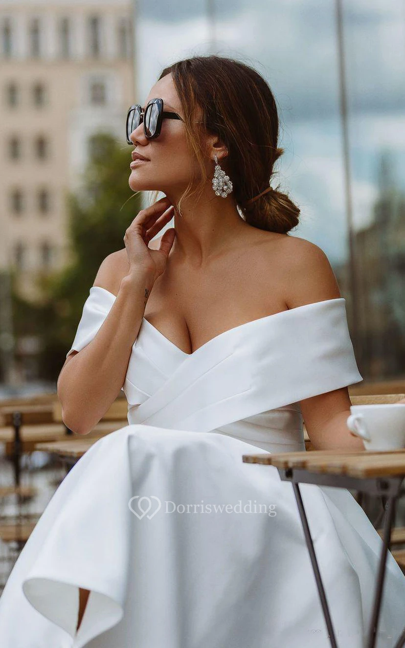 Vintage A Line Off-the-shoulder Satin Tea-length Sleeveless Wedding Dress with Criss Cross and Ruching view 4