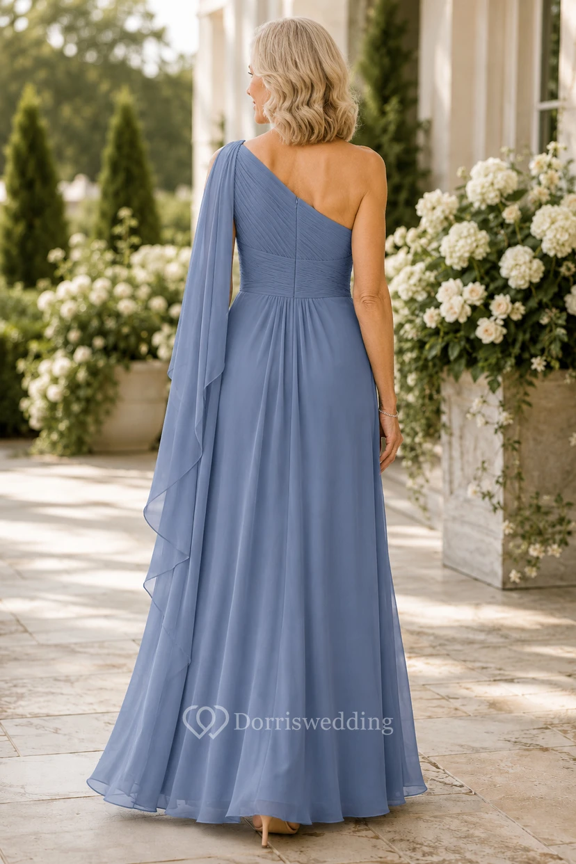 Schieferblaues, einseitig schulterfreies Chiffon-Kleid in A-Linie mit Cape-Ärmeln view 2