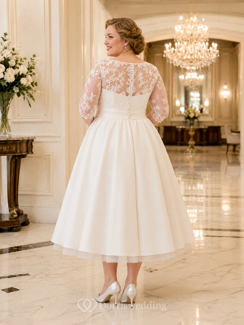 Modest Plus Size Tea-Length Bateau Three-Quarter Satin Vintage Wedding Dress view 2