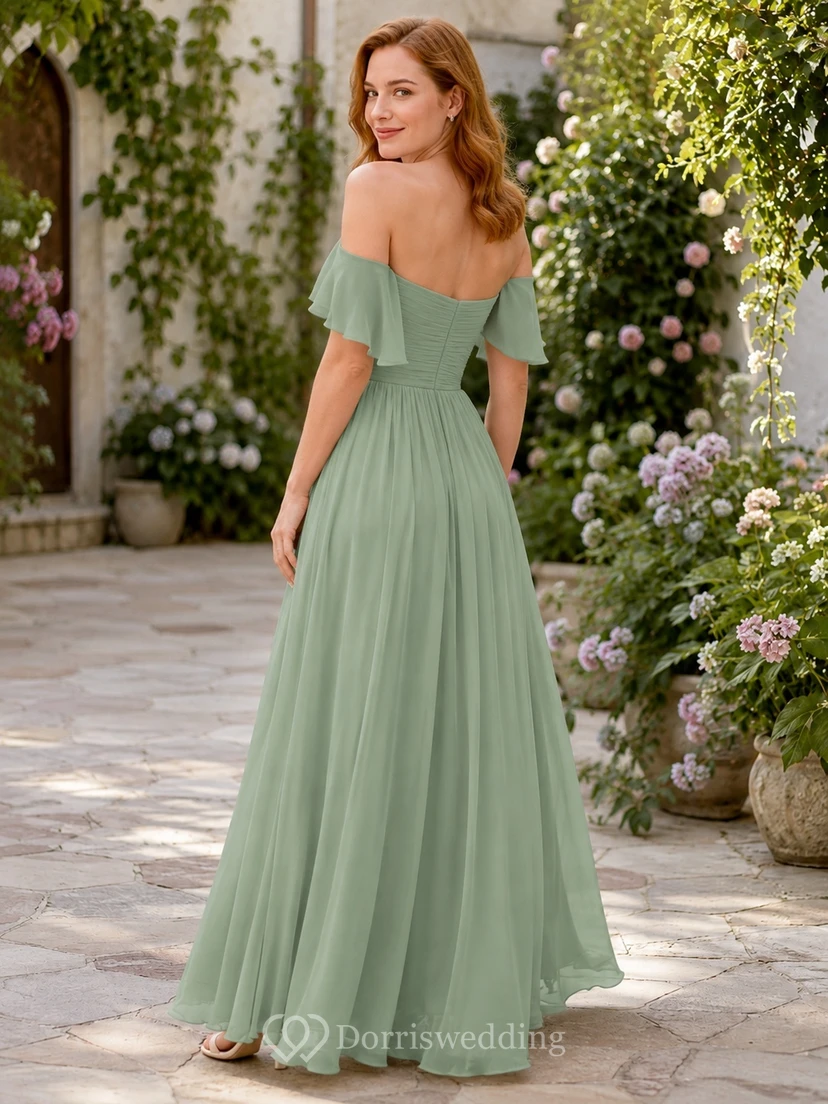 Sage Chiffon Off-the-shoulder Short Sleeve A-Line Floor-length Pleated Romantic Elegant Garden Bridesmaid Dress view 2