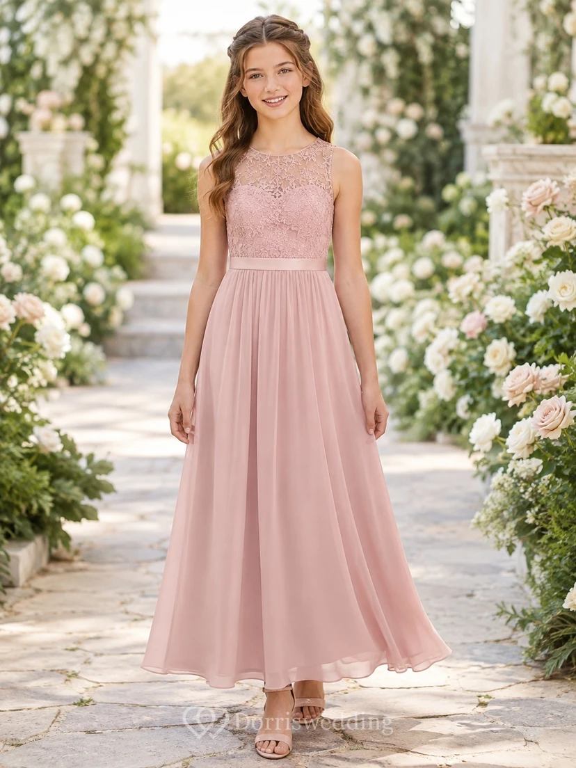 Elegantes, ärmelloses Brautjungfernkleid in zartem Rosa mit A-Linien-Schmuckmuster und Spitze