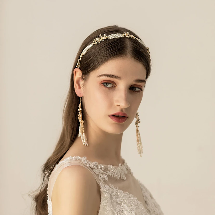Trendy Pearl Alloy Bridal Headbands and Earrings  view 2