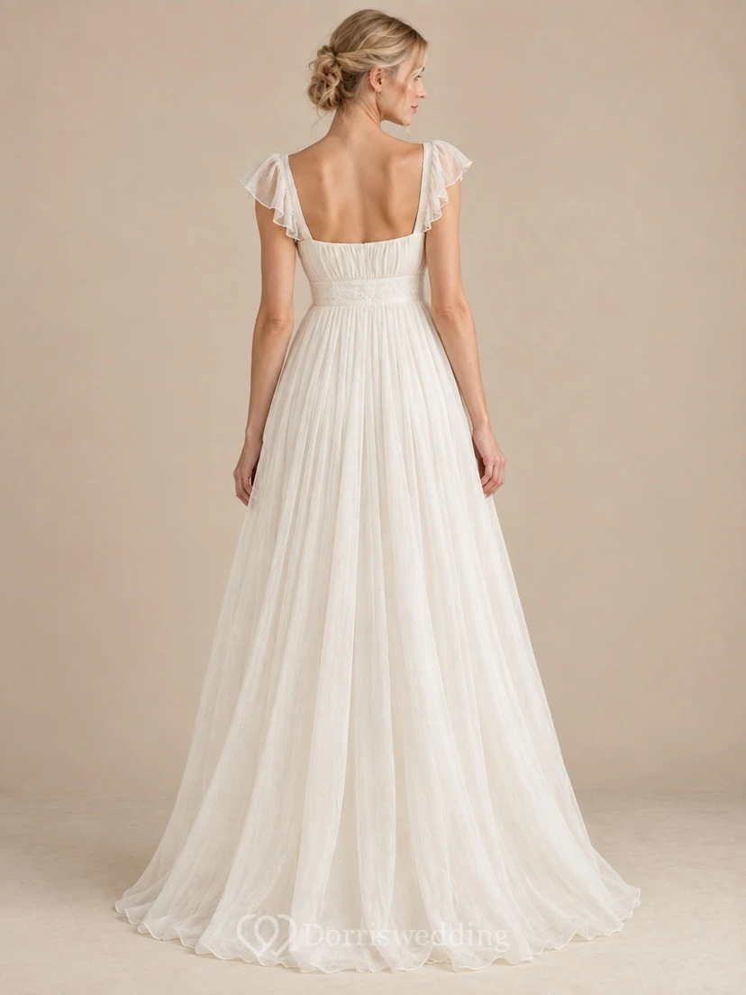 Vestido de novia sencillo de manga larga hasta el suelo, sin mangas, de gasa de algodón fruncida, con escote cuadrado y corte imperio. view 2