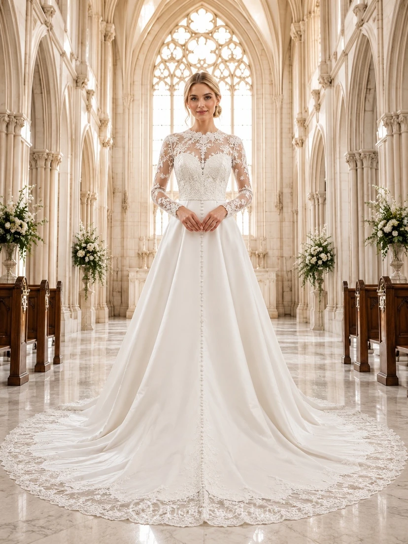 Vestido de novia formal modesto de manga larga y cuello alto, corte en A.