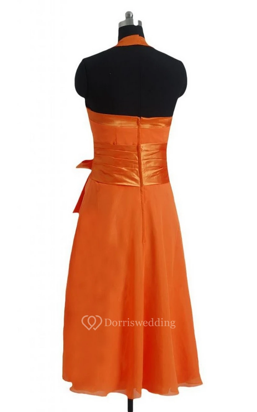 Tea-length Halter A-line Dress With Bow and Band view 3
