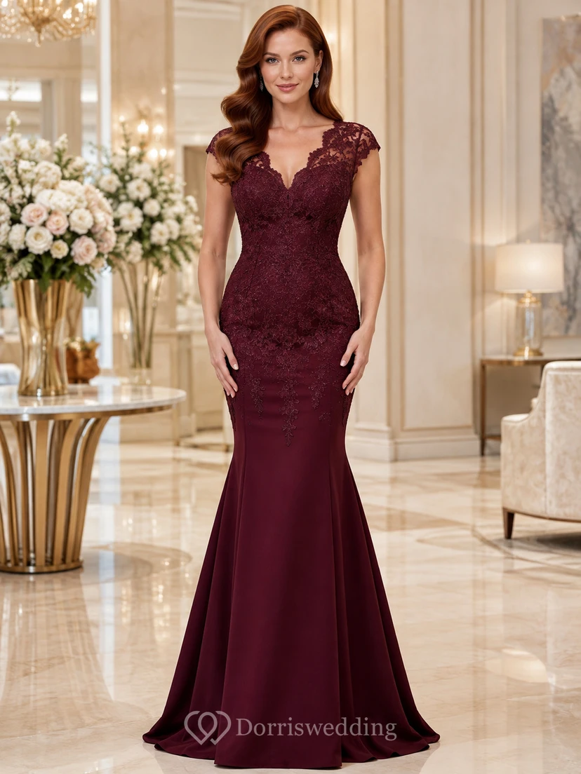 Elegantes burgunderrotes Meerjungfrauenkleid mit V-Ausschnitt, Kappe, Spitze, Illusionsknopfleiste