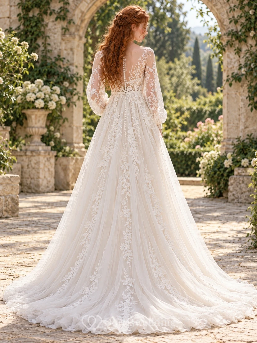 Long Sleeve Floral Lace Tulle Empire Train Wedding Dress view 2
