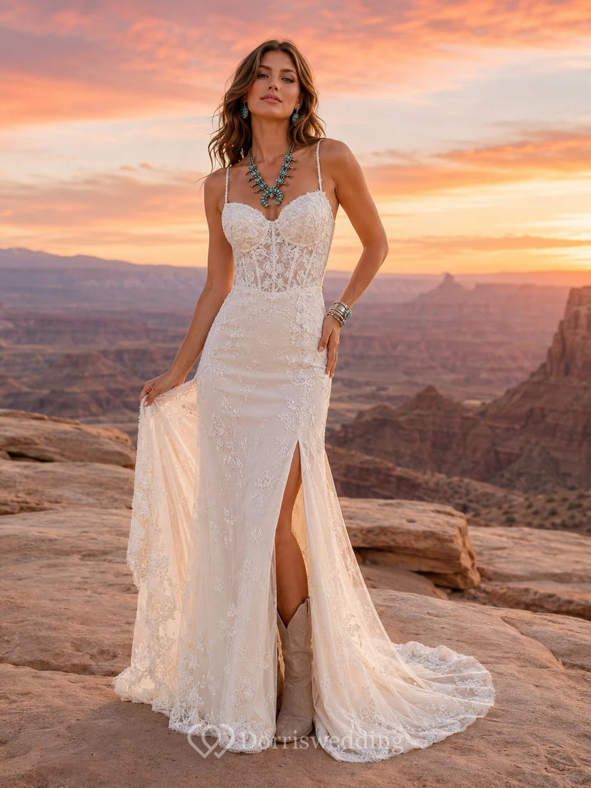 Robe de mariée fourreau en dentelle style western rustique avec fente