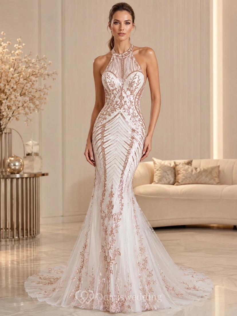 Brautkleid im Meerjungfrauen-/Trompetenstil mit Pailletten in Roségold, ärmellos, Neckholder, bodenlang, mit Schleppe, modernes Design