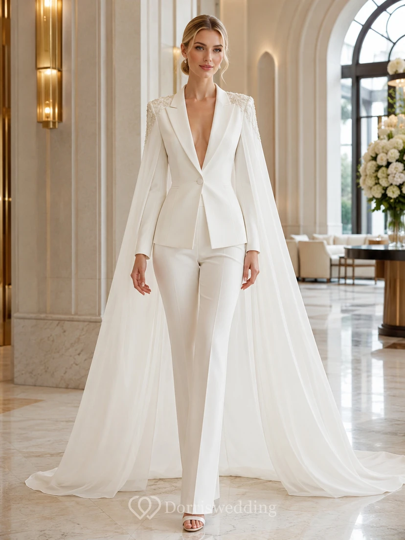 Minimalist Satin Chiffon Wedding Jumpsuit V-Neck Long Sleeve Sweep Train