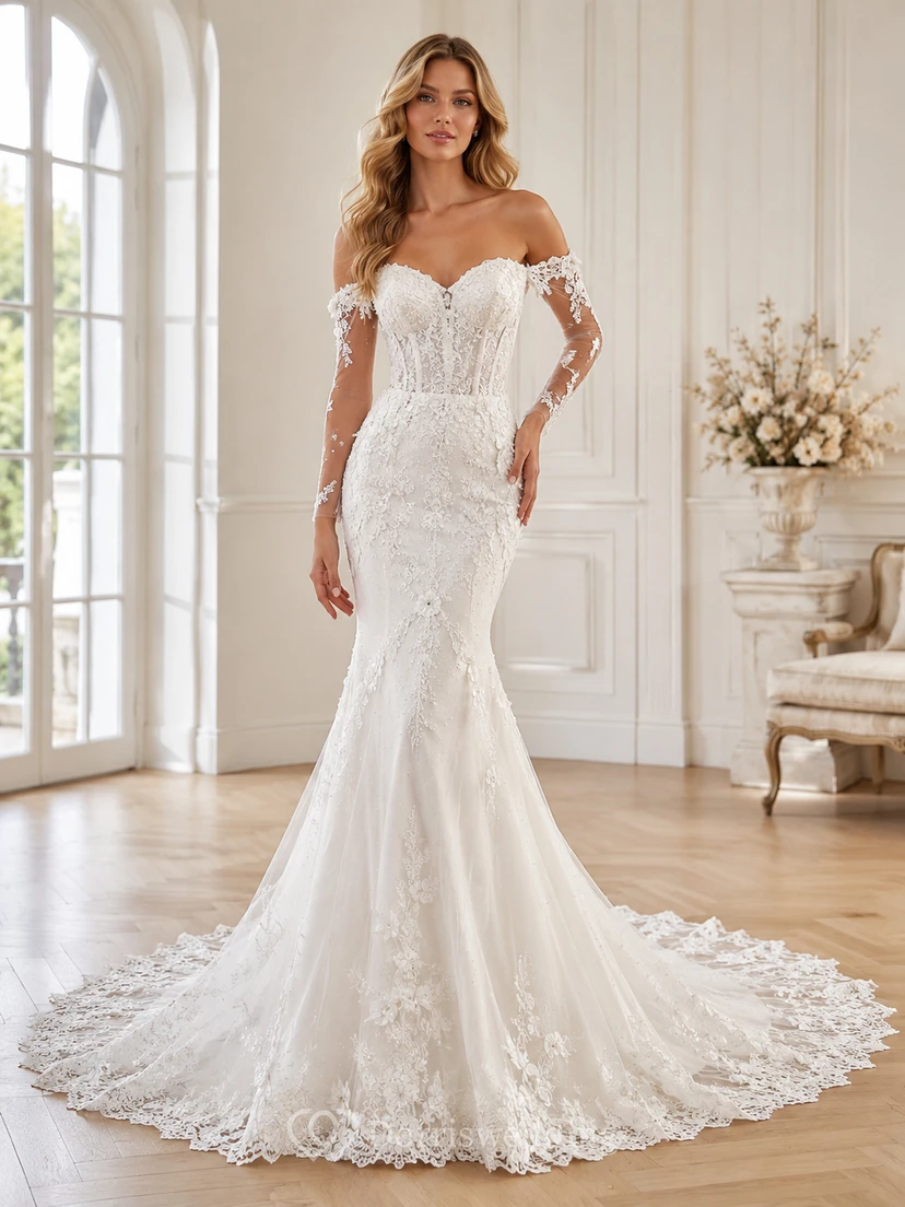 Robe de mariée sirène luxueuse en dentelle florale à épaules dénudées et manches longues, ornée d'épaules et de traîne chapelle