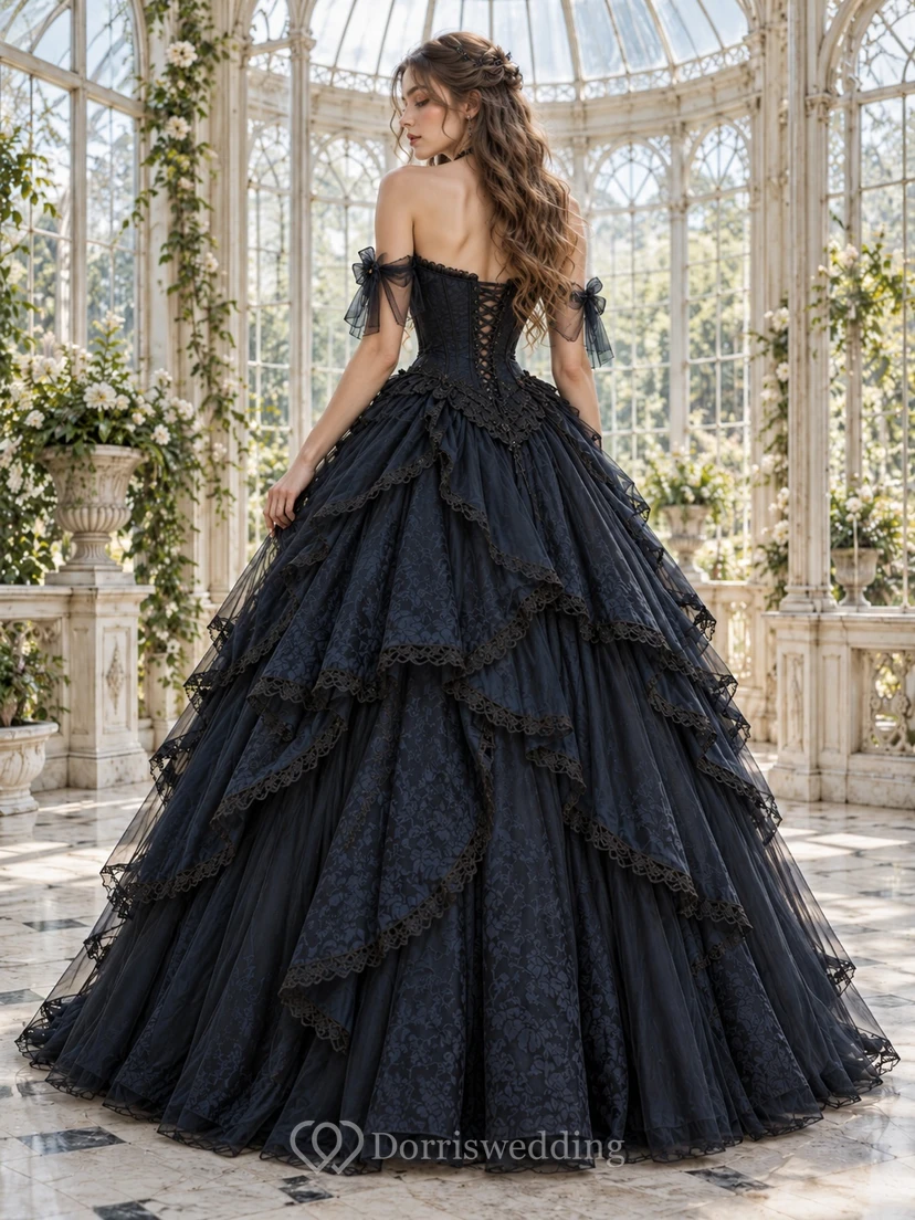 Robe de bal gothique bleu marine foncé à épaules dénudées, corset en dentelle à volants view 2