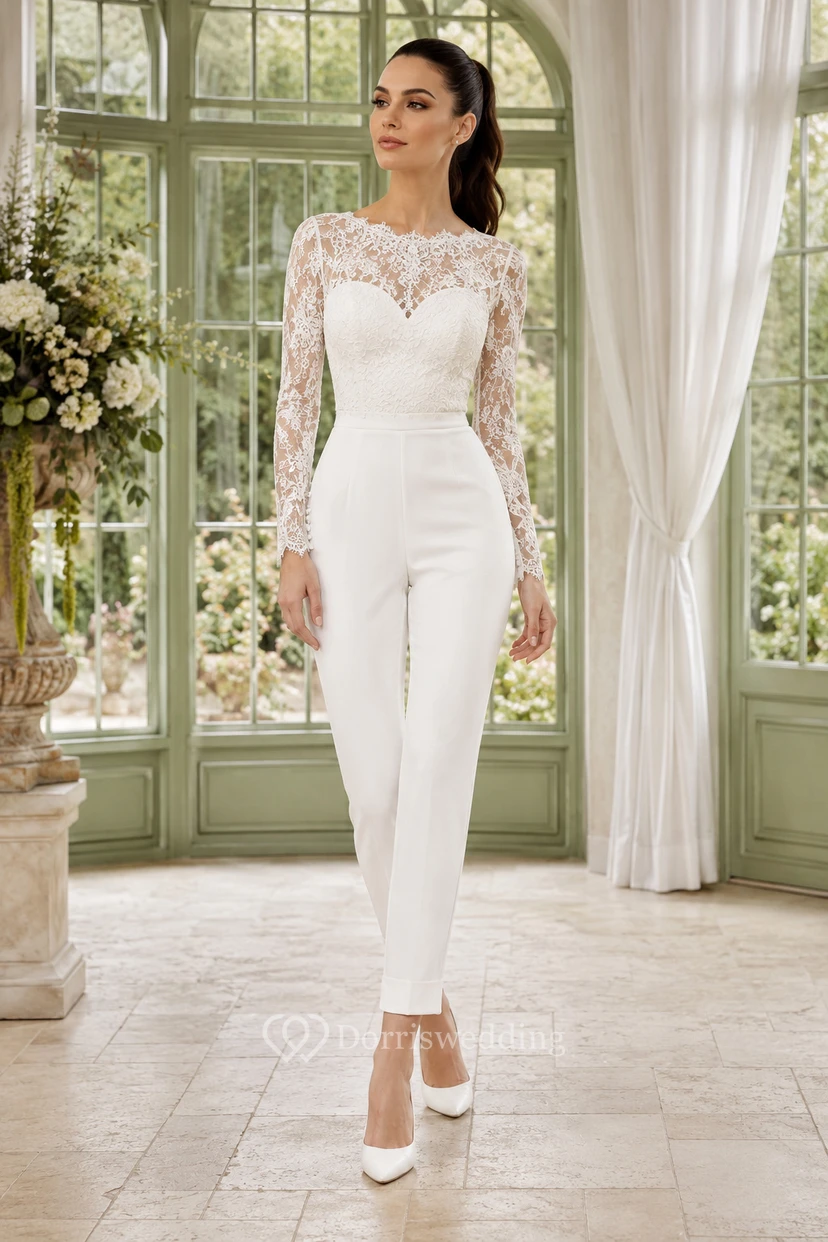 Combinaison de mariée blanche à manches longues et corsage en dentelle